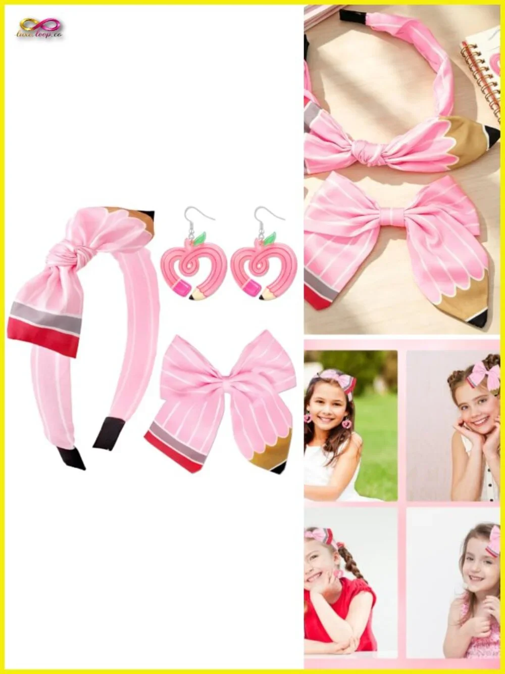 3Pcs Back to School Hair Accessories Set with Pencil Bows Headbands & Clips